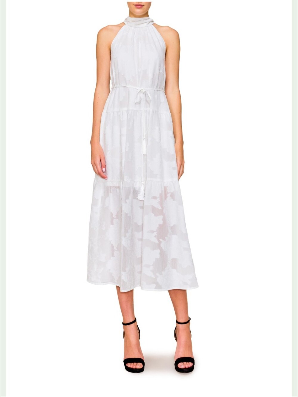New Halter Neck White Midi Dress with Tie Waist